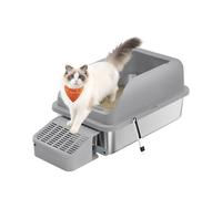 Stainless steel cat litter box with high sides and step, Slate Grey
