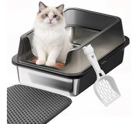 Stainless Steel Cat Litter Box with High Sides, Metal Litter Box Odor Resistant, Open Top Litter Pan with Litter Mat & Scoop, Easy Clean Non-Absorbent, Anti-Urine Leakage