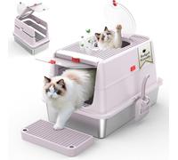 Stainless Steel Cat Litter Box with Lid, 180° Flip Top Kitty Litterbox, XL High Sided Enclosure Litter Pan for Big Cats, Front & Top Entry, Anti-Leakage, Odor-Free, Includes Scoop Mat, Purple