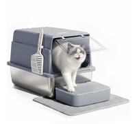 Stainless Steel Cat Litter Box with Lid,3 in 1 Detachable Large Cat Litter Tray,Includes a Litter Scoop,Anti-slip Foot Pads,a Foot Pedal,and a Litter Mat,Enclosed Litter Box for Most Cats,Grey