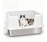 Stainless Steel Cat Litter Box with Lid - 30L Large Metal Litter Pan, Never Absorbs Odors, Easy to Clean, High Sided Enclosure for Large Cats & Kittens (White)