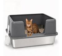 Stainless Steel Cat Litter Box with Lid - 30L Large Metal Litter Pan, Never Absorbs Odors, Easy to Clean, High Sided Enclosure for Large Cats & Kittens (Grey)