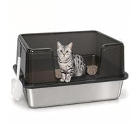 Stainless Steel Cat Litter Box with Lid - 30L Large Metal Litter Pan, Never Absorbs Odors, Easy to Clean, High Sided Enclosure for Large Cats & Kittens (Black)