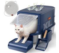 Stainless Steel Cat Litter Box with Lid-Covered Litter Box, Extra Large Metal Litter Box, Easy to Clean for Multiple Cats, Includes Scratch Pad and Cat Scratcher Mat-3-in-1 Enclosed Litter Box