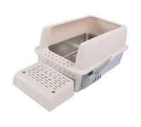 Stainless Steel Cat Litter Box with Lid, Extra Large Cat Litter Box for Large Cats, Anti Leakage Non-Sticky Cat Kitty Litter Pan, 23.58 X 15.31 X 5.91in (Khaki)