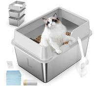 Stainless Steel Cat Litter Box with Lid, L High Sided Metal Sifting Litter Box for Pine Pellets, Enclosed Sifting Box for Small Cats, Anti-Leakage, Easy Clean, Include Scoop, Liner, Pee Pad and Hook
