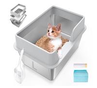 Stainless Steel Cat Litter Box with Lid, L High Sided Metal Sifting Litter Box for Pine Pellets, Enclosed Sifting Box for Small Cats, Anti-Leakage, Easy Clean, Include Scoop, Liner, Pee Pad and Hook