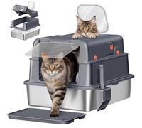 Stainless Steel Cat Litter Box with Lid, Metal Covered Litter Tray, Hinged Lid, Dual Door Design, Odor Control, Anti-Leakage, Includes Scoop, Dark Grey