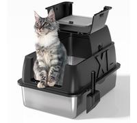 Stainless Steel Cat Litter Box with Lid - XL 18" Deep for Big Cats,180° Flip-Top，Odor-Free & Anti-Leak with Scoop (Black, 24" L x 16" W x 18" H)