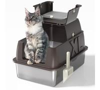 Stainless Steel Cat Litter Box with Lid - XL 18" Deep for Big Cats,180° Flip-Top,Odor-Free & Anti-Leak with Scoop (Coffee White, 24" L x 16" W x 18" H)