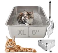 Stainless Steel Cat Litter Box with Scoop, XL High Side Cats Toilet Metal Kitten Litter Pan, Pet Cleaning Tool for Big and Small Cats, Rabbits, Splash-Proof and Non-Stick Cat Poop Box odorless