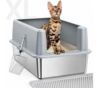 Stainless Steel Cat Litter Box, XL High Sided Litter Pan with Mat & Scoop