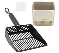 Stainless Steel Cat Litter Scoop Tilted Shovel Head, Handle Kitty Metal Scooper with Storage Tray, Cleaning Brush, Sticky Hook Uniform Hole Diameter Cat Scooper Fast Sand Drainage for Pet