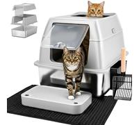 Stainless Steel Cat Litter Tray - Easy to clean - Non Stick Surface - Stainless Steel Litter Box - 38L Capacity - Odor Free Metal Litter Tray - With Scoop & Litter Mat - 23.6"× 15.7"×15.9" - Gray