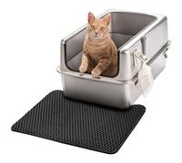Stainless Steel Cat Litter Tray - Easy to clean - Non Stick Surface - Stainless Steel Litter Box - 38L Capacity - Odor Free Metal Litter Tray - With Scoop & Litter Mat - 23.6×15.7×12.6 inches