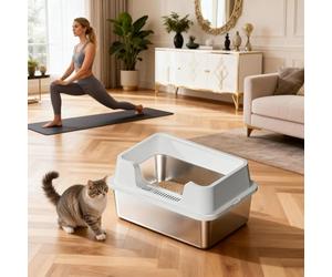 Stainless Steel Cat Litter Tray, Enclosed Cat Litter Box with Grid Anti-Scatting Step, Extra Large Metal Cat Litter Box with Air Circulation Design, Easy Clean for Multi-Cats, Fat Cats and Large Cats