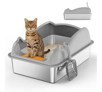 Stainless Steel Cat Litter Tray for Big Cats,High-Sided Anti-Leakage Litter Tray Cat Litter Box,60x40x33.5cm,Odour-Proof Non-Sticky Easy Clean,Anti-slip Rubber Bottom,Includes Scoop