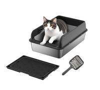 Stainless Steel Cat Litter Tray, High Sided Cat Litter Box with Splash-Proof, 30l Large Litter Tray with Metal Litter Scoop, Anti Leakage & Easy to Clean, 60 * 40 * 25Cm, Black