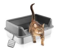 Stainless Steel Cat Litter Tray, Litter Box, Easy to Clean and Odour Resistant, Semi-Closed, Stainless Steel Cat Litter Tray High Removable Rim, with Cat Litter Mat 50 x 35 x 20 cm