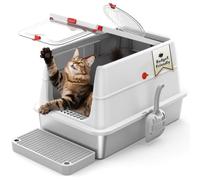 Stainless Steel Cat Litter Tray, Metal,Removable Flip Cover & Enclosed High-Sided Designs, XXL Cat Toilet | Odor Control | Anti-Leakage | Durable | Non-Stick Surface | with Scoop,Pedal (Grey)