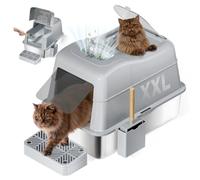 Stainless Steel Cat Litter Tray with Lid, 110° Flip Cover Design, XXL Closed Cat Litter Tray Made of Stainless Steel, 40 L Large Capacity with Shovel and Foot Pedal, Odourless, Leak-proof and Easy to