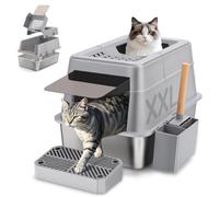 Stainless Steel Cat Litter Tray with lid, 110° flip-cover design XXL Metal Leak-Proof Enclosed Stainless Steel Cat Litter Box, 38L large capacity Metal Litter Box with scoop, High-Sided and Odorless