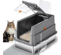 Stainless Steel Cat Litter Tray with Lid,155° Flip Top Large Enclosed Cat Litter Boxes,Covered Metal Litter Box with Mat & Steel Scoop,High Sided,Anti-Leakage,Front & Top Dual Entry