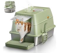 Stainless Steel Cat Litter Tray with Lid, XXL Enclosed Cat Litter Box with High Sided for Big Cats, with Removable Lid &Scoop - Green