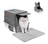 Stainless Steel Cat Litter Tray with Lid, XXL Enclosed Stainless Steel Cat Litter Box, High-Sided Metal cat Litter tray Pet Toilet with Scoop&Mat, 3-in-1 Detachable Metal Litter Pan Tray Odor Control