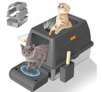 Stainless Steel Cat Litter Tray with Lid XXL Extra Large Litter Box 60L Odour-Resistant Stainless Steel Litter Tray for Big Cat with Scoop, Step Never Absorbs Odor, Non Stick Surface Grey