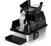 Stainless Steel Cat Litter Tray with Lip, Large Enclosed Litter Box, Cat Litter Box Tray for Medium Large Cats, Easy Clean, Odor Control, 180° Flip-Top - Black