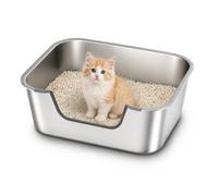 Stainless Steel Cat Litter Tray with Low Entry, Metal Cat Litter Box for Senior or Injured Cats, Kitten Litter Tray for Small Pets, Odour-Free, Non-Stick, Easy to Clean, 15.7"L×11.8"W×5.9"H