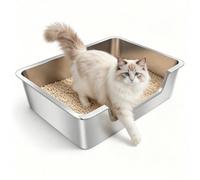 Stainless Steel Cat Litter Tray with Low Entry, Metal Litter Box Cat Litter Open Trays for Small or Medium Kittys, Kittens, Senior or Injured Cats, Cat Toilet with High Side, Non-Stick, 50x35x15cm