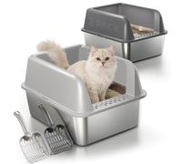 Stainless Steel Cat Litter Tray with Scoops, 2 Pack Large Metal Litter Box with Removable High-Sided Enclosure for Kittens, Leak-Proof, Non-Stick, Easy to Clean & Compact, 43.5x33.5x26cm