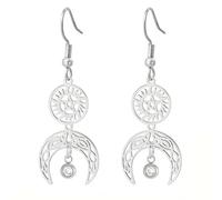 Stainless Steel Celtic Sun Crescent Moon Earrings for Women Statement Jewelry Crystal Charms Hypoallergenic Celestial Accessories Gifts (Silver Plated)