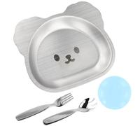Stainless Steel Children Suction Plates,Cute Bear Shape Plates,Children's Dinner & Cutlery Gift Set, Unbreakable Dinner Plates,with Suction Cup and Knife and Fork,for Picky Eaters, Lunch, Camping