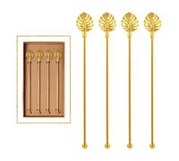 Stainless Steel Coffee Beverage Stirrers Stir Cocktail Drink Swizzle Stick with Palm leaf Metal Top,4PCS GOLD stirrer