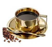Stainless Steel Coffee Cup Set, Metal Coffee Mugs with Spoon and Saucers, 200ml Double Walled Insulated Tea Cups, European Style Coffee Mug, Espresso Cups Set, for Cold Drinks or Hot Drink (Gold)
