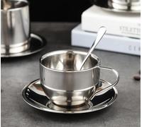 Stainless Steel Coffee Mug Set, 180ml Double Wall Coffee Mug with Saucer Cup Spoon Handle 3Pcs European Style Light- Luxury Metal Coffee Milk Tea Cup Set for Home, Cafes, Restaurant