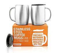 Stainless Steel Coffee Mugs with Lid ( Set of 2 ) - 14 oz Double Walled Steel Coffee Glasses with Lid & Handle - Coffee to Go, Travel, Outdoor, Camping - Vacuum, Shatterproof, Durable Coffee Mug