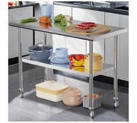 Stainless Steel Commercial Kitchen Island with Wheels, Three-Tier Workbench, Water-Resistant Edge, Open Storage Shelves, Mobile Prep Table for Easy Movement (91x61x89cm)