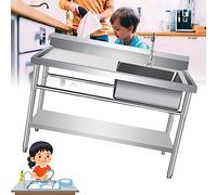 Stainless Steel Commercial Kitchen Sink - Freestanding Single Bowl with Double Storage Shelves & Drainer Unit Faucet Included 100x50x80cm/39x20x31in