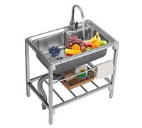 Stainless Steel Commercial Kitchen Sink with Cold Hot Water Pipe, Undershelf Tap, 68cm, for Outdoor, Garage, Laundry, Utility Room