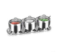 Stainless Steel Condiment Organizer with 3 Compartments, Salt and Spice Holder Set with Lid, Spoon and Tray for Kitchen, Cafe, Hotel - Silver(Three)