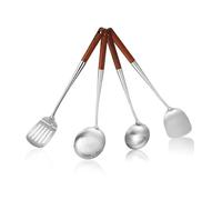 Stainless Steel Cooking Utensils Set 4 Pieces, Heat Resistant Wood Handle Stainless Steel Wok Tools, Utensils Set Include Ladle, Slotted Spoon, Spatula and Slotted Spatula