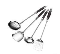 Stainless Steel Cooking Utensils Set, With Natural Wooden Handles, Spatula, Deep Soup Ladle, Tumbler, And Skimmer, Smooth Surfaces, For Wok Cooking(Black wooden panl)