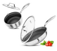 Stainless Steel Cookware Pan Sets - Non-Stick, GREBLON® Ceramic, Compatible with All Stoves (Including Induction), Dishwasher Safe, Removable Stay-Cool Handle