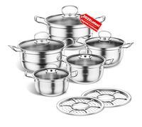 Stainless Steel Cookware Set, 12 Piece Kitchen Induction Cookware Set, Works with Induction/Electric and Gas Cooktops, Kitchen Cooking Set with Glass Lid (Silver A)