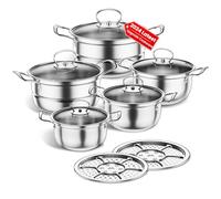 Stainless Steel Cookware Set, 12 Piece Kitchen Induction Cookware Set, Works with Induction/Electric and Gas Cooktops, Kitchen Cooking Set with Glass Lid (Silvery)