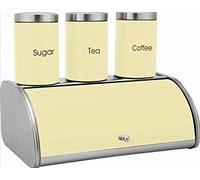 Stainless Steel Cream Enamel Front Bread Bin and Tea/Coffee/Sugar Canister Jar Set 4 pcs